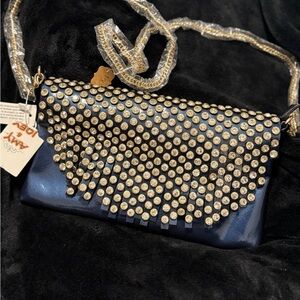 Blue and Gold Clutch with Embellished Design and Detachable Strap NWT